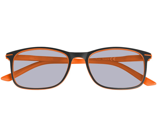 Female model wearing Mirage (Orange) classic shaped reading sunglasses with two tone black and orange frames with smoke grey lenses.