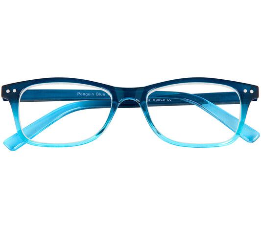 Penguin (Blue) classic vintage style, unisex reading glasses with a two tone blue frame. Front view.