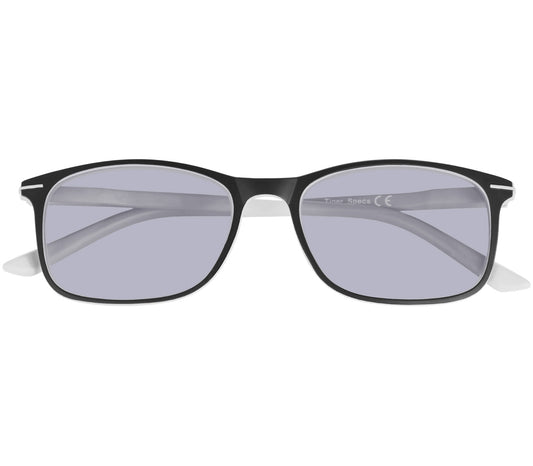 Esprit (White) sunglasses with two tone black and white frames and temples. Classic shaped lenses with a smoke grey tint. Front view.