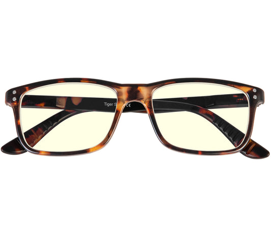 Austin (Tortoiseshell) classic shaped, unisex blue light glasses. Deep tortoiseshell frames with matt finish and rivet details. Front view.