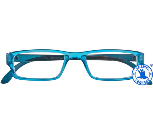 Action (Blue) unisex reading glasses. Classic shaped glasses with a blue translucent finish. Front view.
