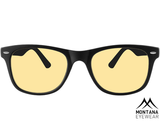 Grid (Black) classic wayfarer shaped night driving glasses with yellow tinted lenses. Front view.