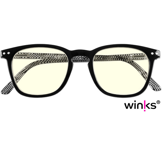 Helix (Black) retro shaped blue light reading glasses with black frames and chevron patterned arms. Front view.