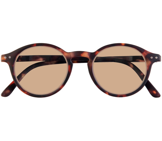 Modena (Tortoiseshell) round lens retro sunglasses with a slender, dark tortoiseshell frame and brown tinted lenses. Front view.