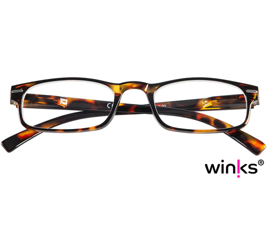 London (Tortoiseshell) classic rectangular and slim unisex reading glasses in a deep, glossy tortoiseshell finish. Front view.