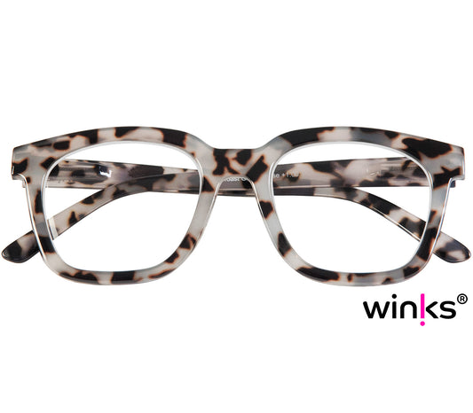 Toast (Grey Tortoise) retro grey tortoiseshell reading glasses with large, oversized lenses and slender temples. Front view.