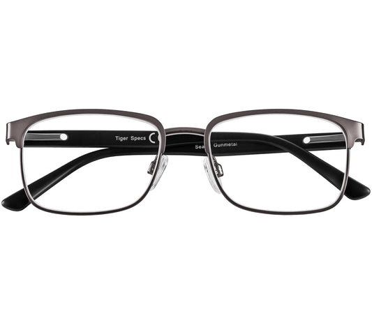 Seattle (Gunmetal) polished gunmetal reading glasses with large rectangular lenses and adjustable nose pads. Front view.