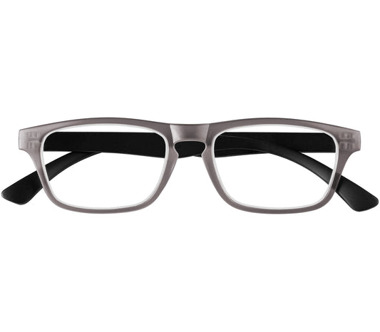 Metro (Grey) classic unisex reading glasses with oval lenses in a two tone grey and black frame. Front view.