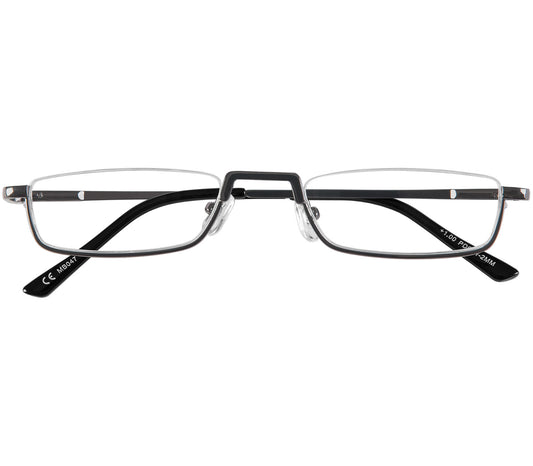 Mayfair (Gunmetal) semi rimless, slim unisex reading galsses with small rectangular lenses and a gunmetal finish. Front view.