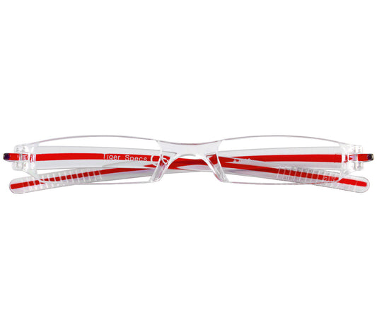 Soda (Red) sleek, compact and ultra lightweight reading glasses with clear frames and red detailed temples. Front view.