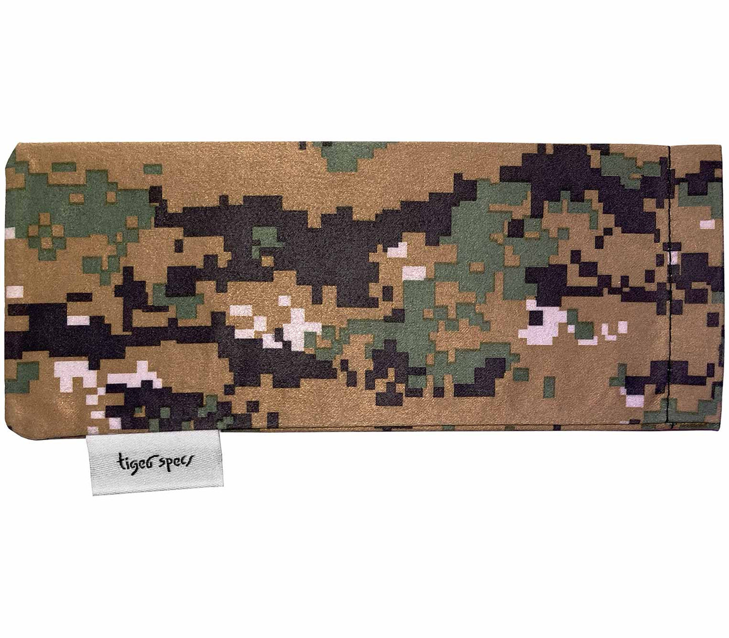 Pixel patterned soft glasses pouch with Tiger Specs branding.