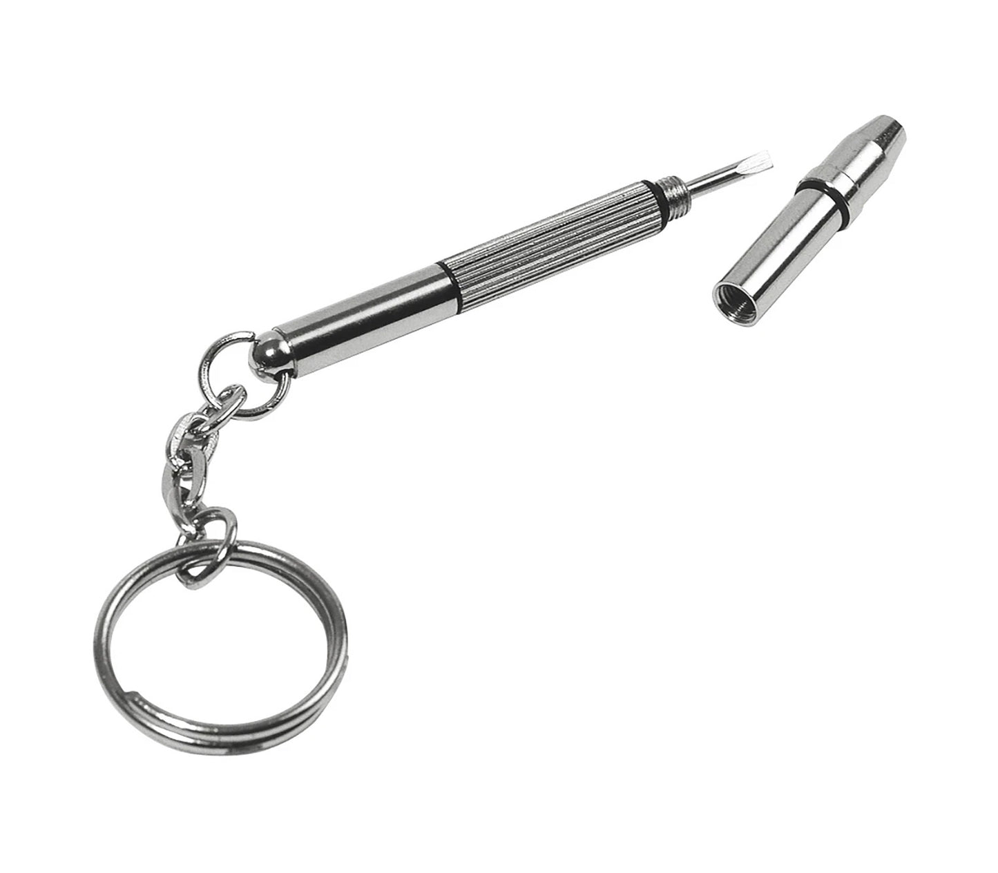 Screwdriver (Keyring) - a glasses screwdriver on a handy keyring featuring cross, flat and hex screwdrivers suitable for adjusting and tightening glasses screws and nuts.