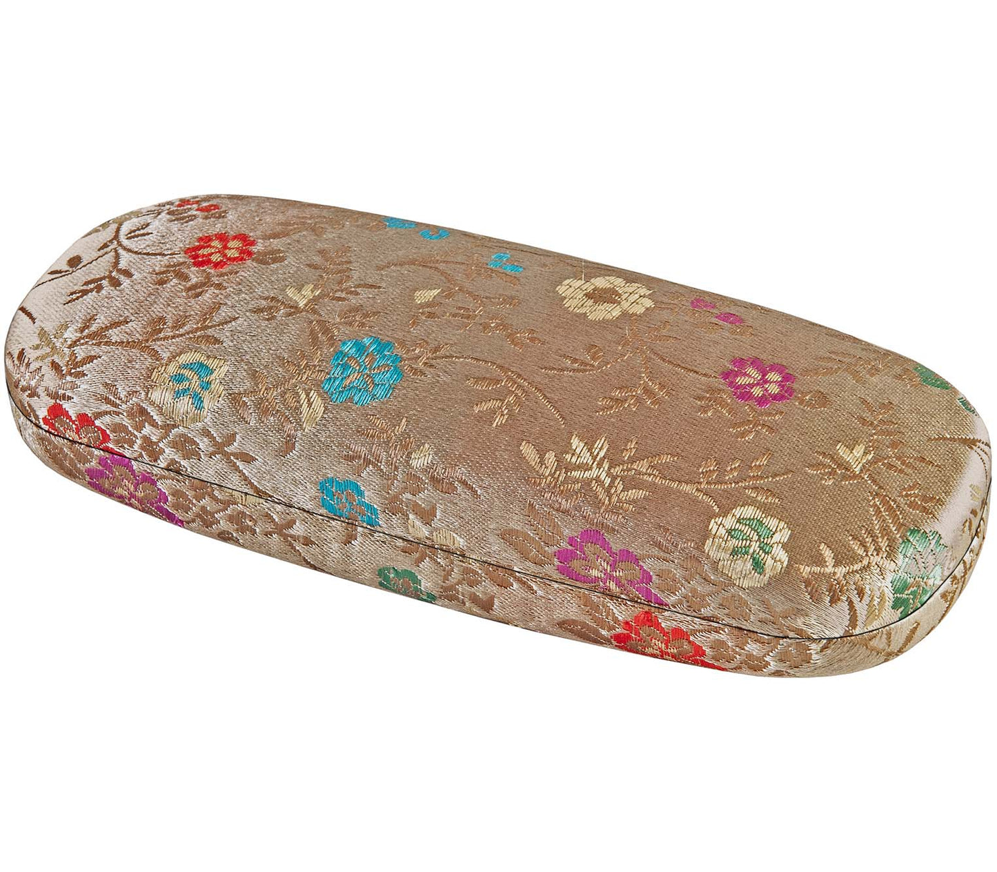 Diva (Gold) hard, snap close glasses case with floral pattern.