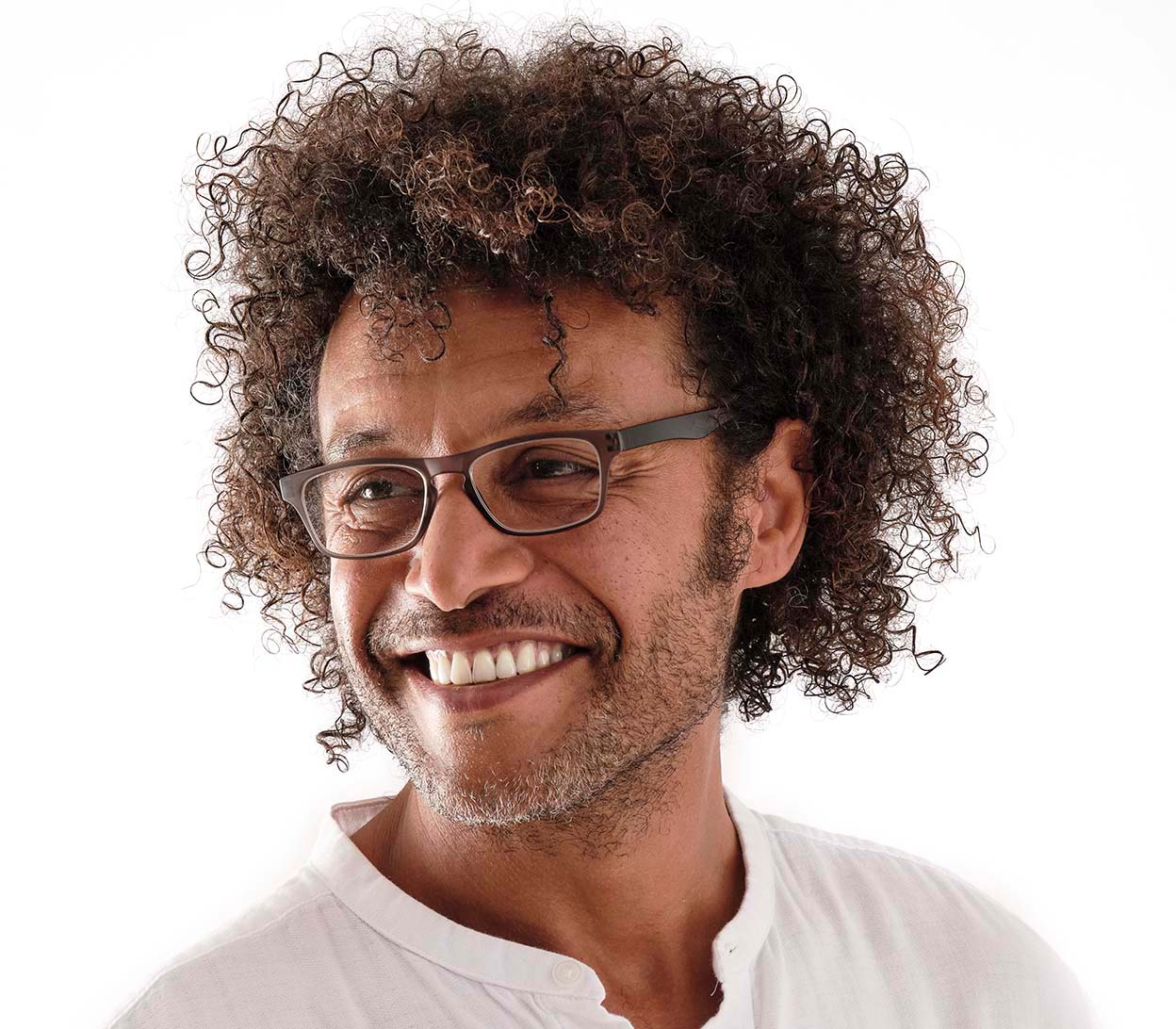 Male model wearing Metro (Grey) classic unisex reading glasses with oval lenses in a two tone grey and black frame.