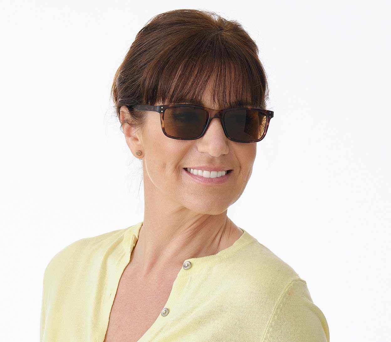 Milan (Tortoiseshell) classic rectangular shaped unisex reading sunglasses with a glossy finish and brown tinted lenses. Side view.