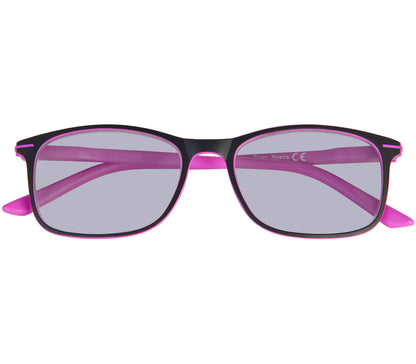 Female model wearing Mirage (Pink) classic shaped reading sunglasses with two tone black and pink frames with smoke grey lenses.