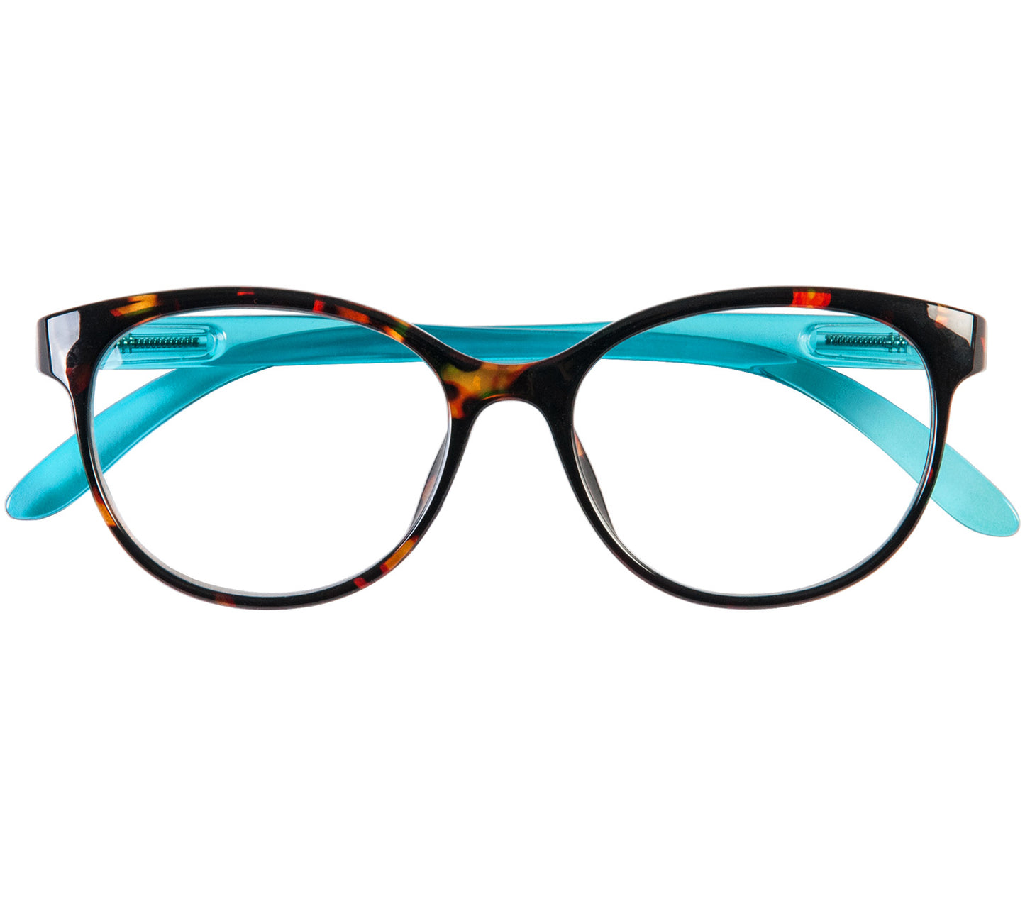 Lala (Blue) cat eye shaped, women's reading glasses with a two tone blue and tortoiseshell frame and details. Front view.