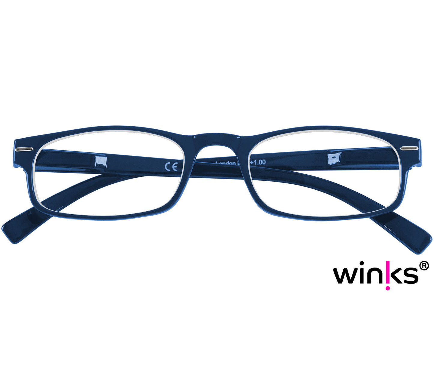 London (Blue) classic rectangular and slim unisex reading glasses in a deep blue glossy finish. Front view.