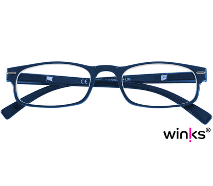 London (Blue) classic rectangular and slim unisex reading glasses in a deep blue glossy finish. Front view.