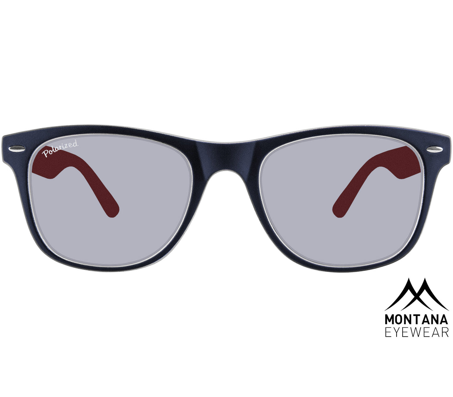Oasis (Red) classic two tone, red and navy blue wayfarer sunglasses with large, smoke grey tinted lenses. Front view.