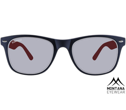 Oasis (Red) classic two tone, red and navy blue wayfarer sunglasses with large, smoke grey tinted lenses. Front view.