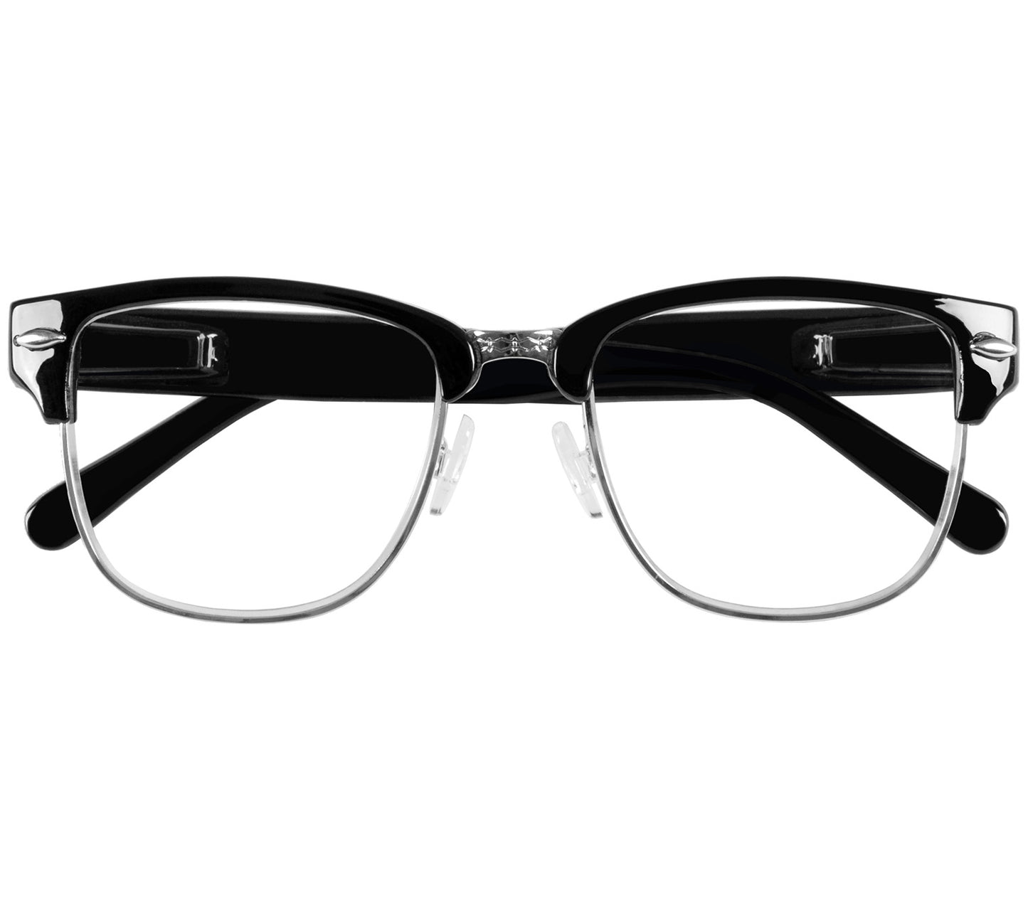 Harvard (Black) classic unisex clubmaster reading glasses with metal frame details and glossy black temples. Front view.