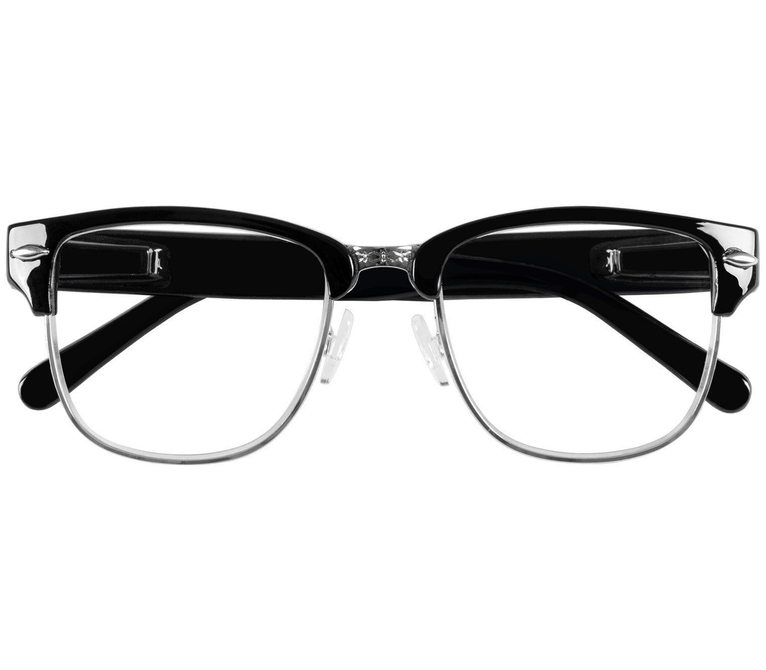 Harvard (Black) classic unisex clubmaster reading glasses with metal frame details and glossy black temples. Front view.