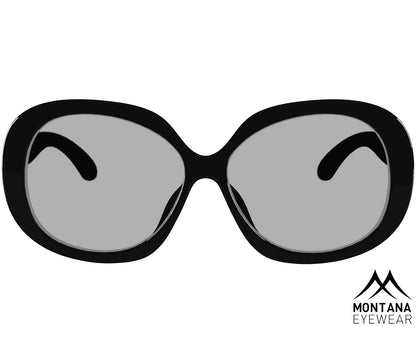 Bella (Black) oversized retro sunglasses with large round grey tinted lenses. Rivet details and a glossy black frame. Front view.