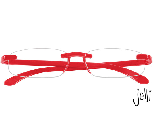 Jelli (Red) rimless, slim reading glasses with bold red arms and bridge. Front view.