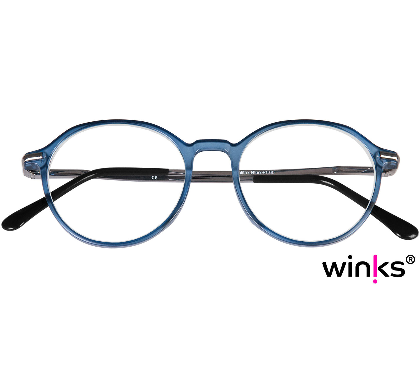 Halifax (Blue) retro unisex reading glasses with light blue frames and metal arms. Front view.