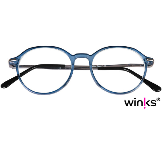 Halifax (Blue) retro unisex reading glasses with light blue frames and metal arms. Front view.