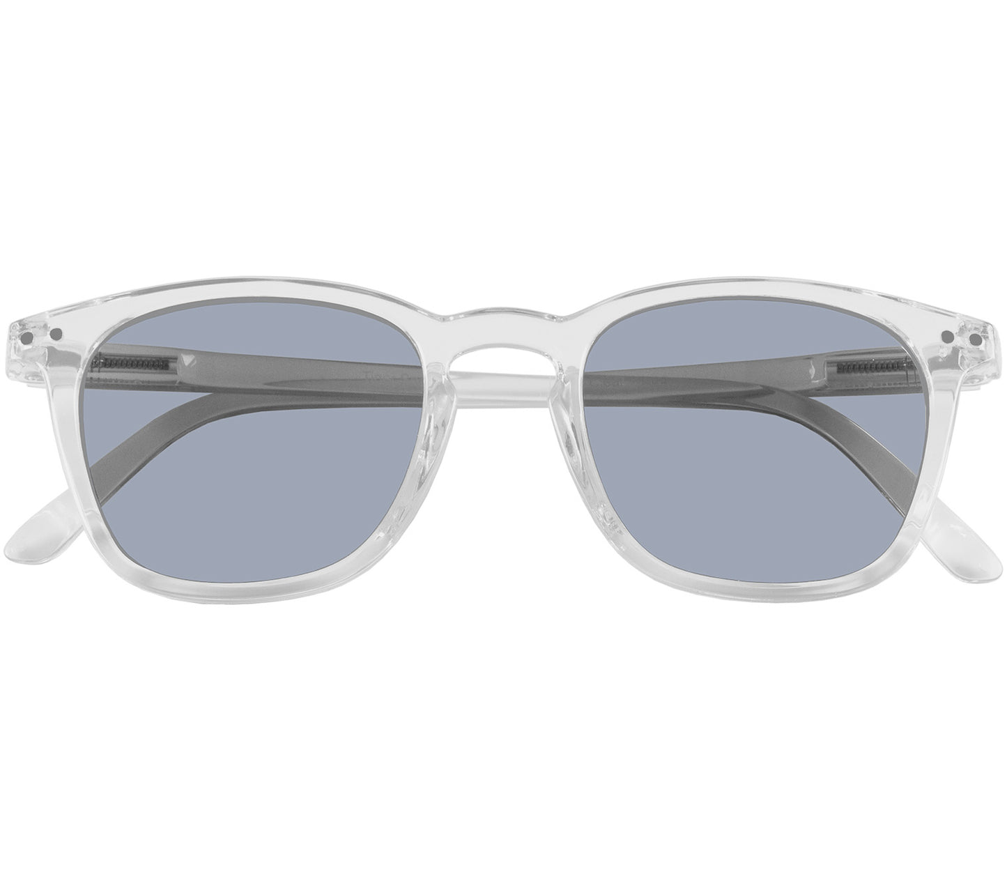 Davos (Clear) classic shaped unisex reading sunglasses with a clear frame and smoke grey lenses. Front view.