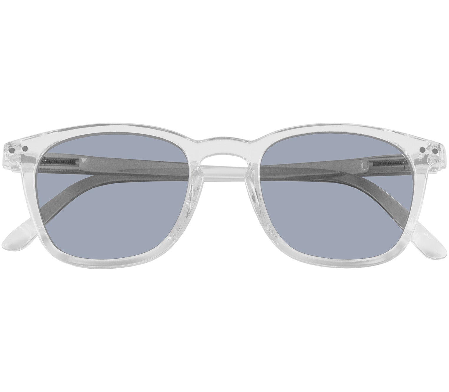 Davos (Clear) classic shaped unisex reading sunglasses with a clear frame and smoke grey lenses. Front view.