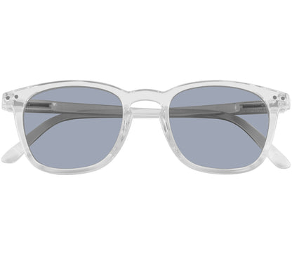 Davos (Clear) classic shaped unisex reading sunglasses with a clear frame and smoke grey lenses. Front view.