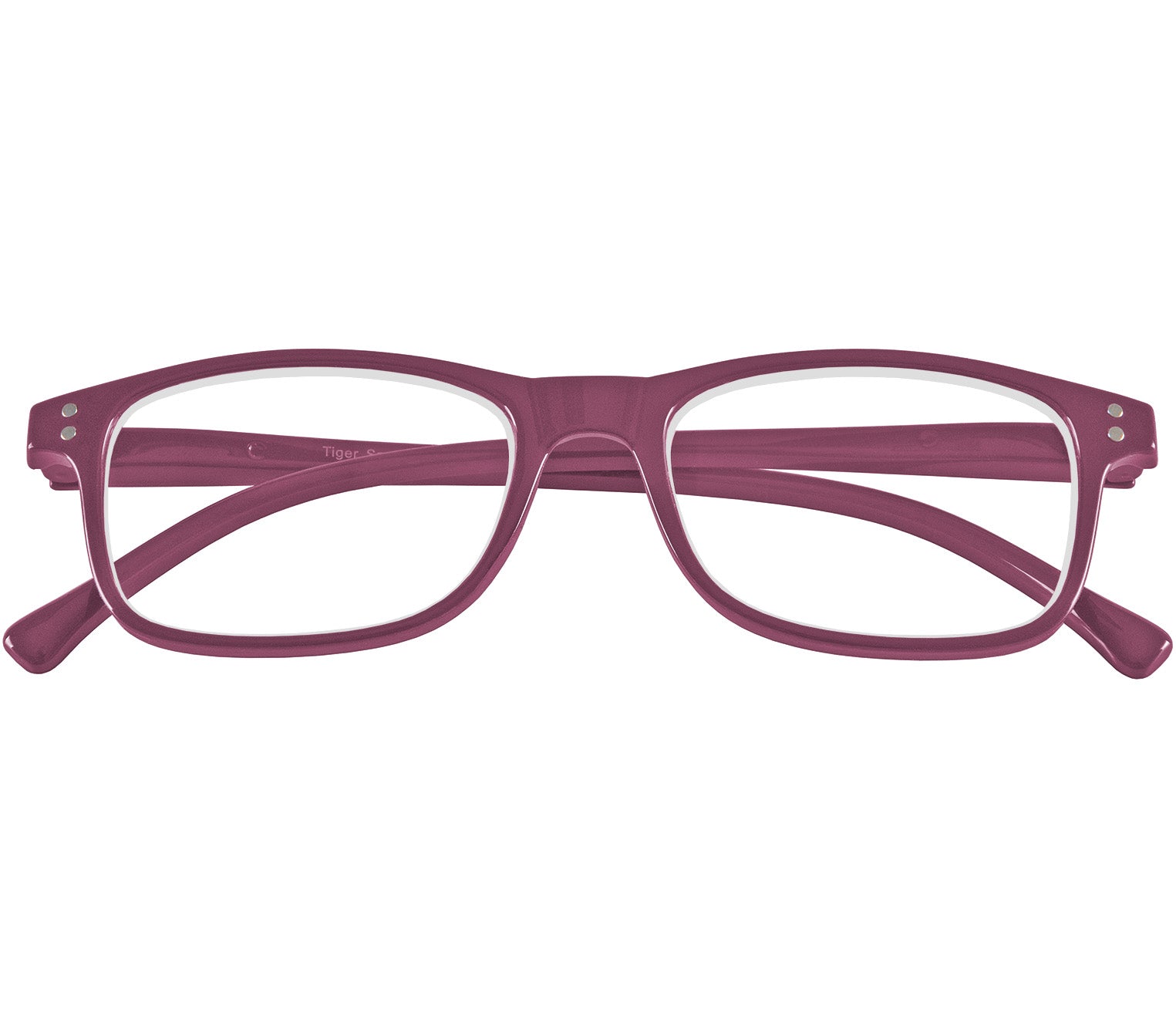 Eclipse (Purple) classic shaped reading glasses with oval lenses and a gloss purple frame. Front view.