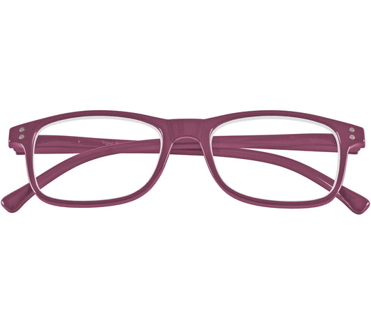 Eclipse (Purple) classic shaped reading glasses with oval lenses and a gloss purple frame. Front view.