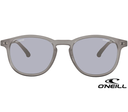 Summit (Grey) classic retro sunglasses by O'Neill. Soft grey translucent frame with tinted smoke grey lenses. Front view.
