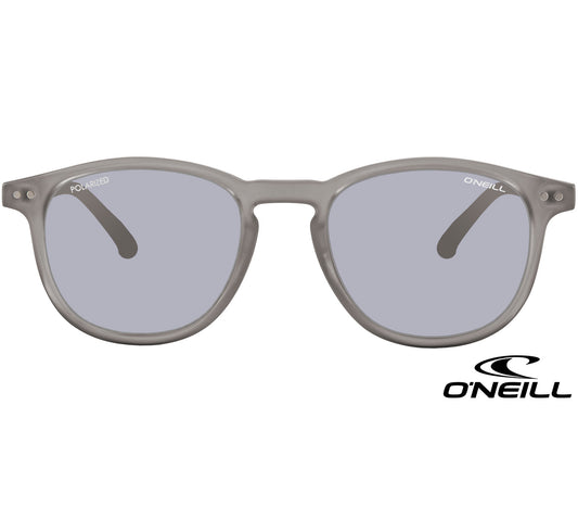 Summit (Grey) classic retro sunglasses by O'Neill. Soft grey translucent frame with tinted smoke grey lenses. Front view.