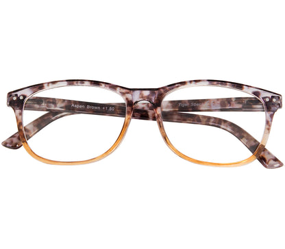 Aspen (Brown) women's retro style reading glasses. Multicoloured frames and a glossy finish. Large oval shaped lenses. Front view.