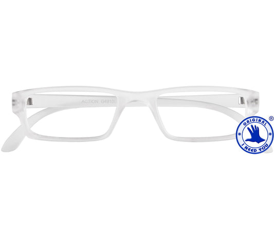 Action (Clear) unisex reading glasses. Classic shaped glasses with a smooth matt finish. Front view.