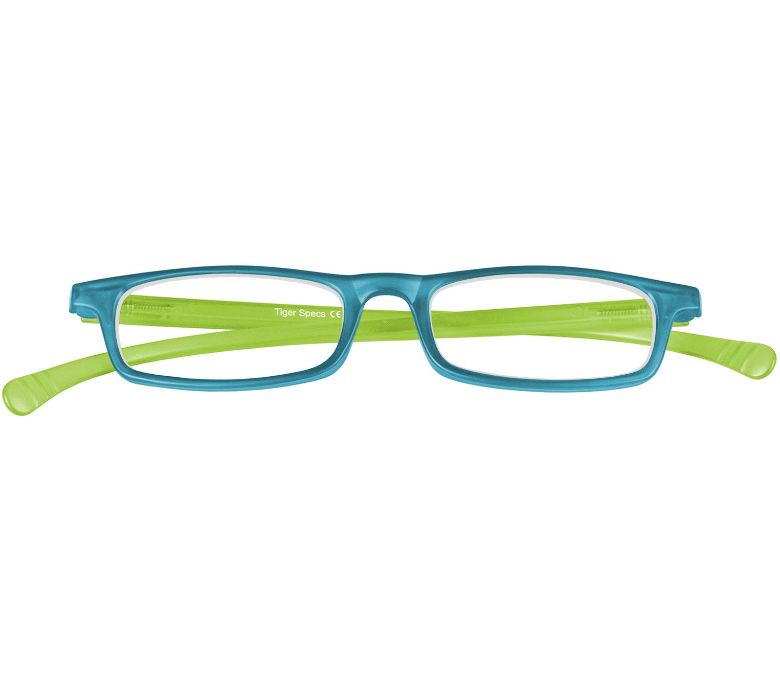 Jam (Blue) slender, rectangular unisex reading glasses with extra long arms to hang around your neck when not in use. Front view.