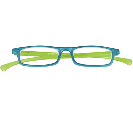 Jam (Blue) slender, rectangular unisex reading glasses with extra long arms to hang around your neck when not in use. Front view.