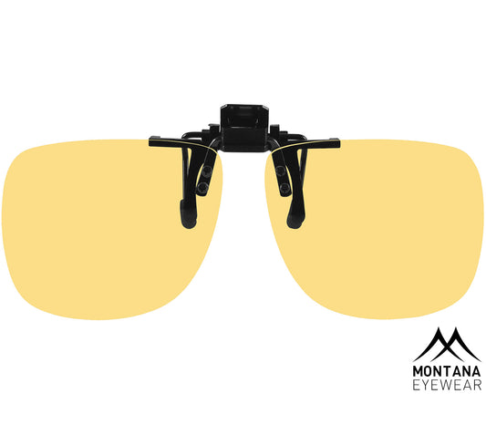 Orton (Black) unisex clip on, night driving glasses with tinted yellow lenses. Front view.