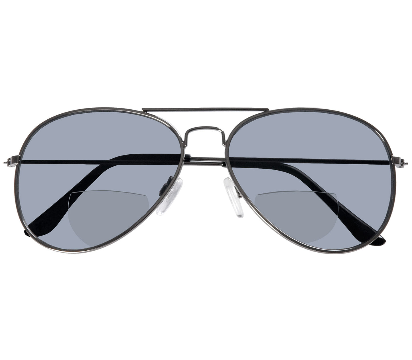 Bailey (Gunmetal) aviator style, unisex, bifocal reading sunglasses. Slim gunmetal frame and temples. Front view.