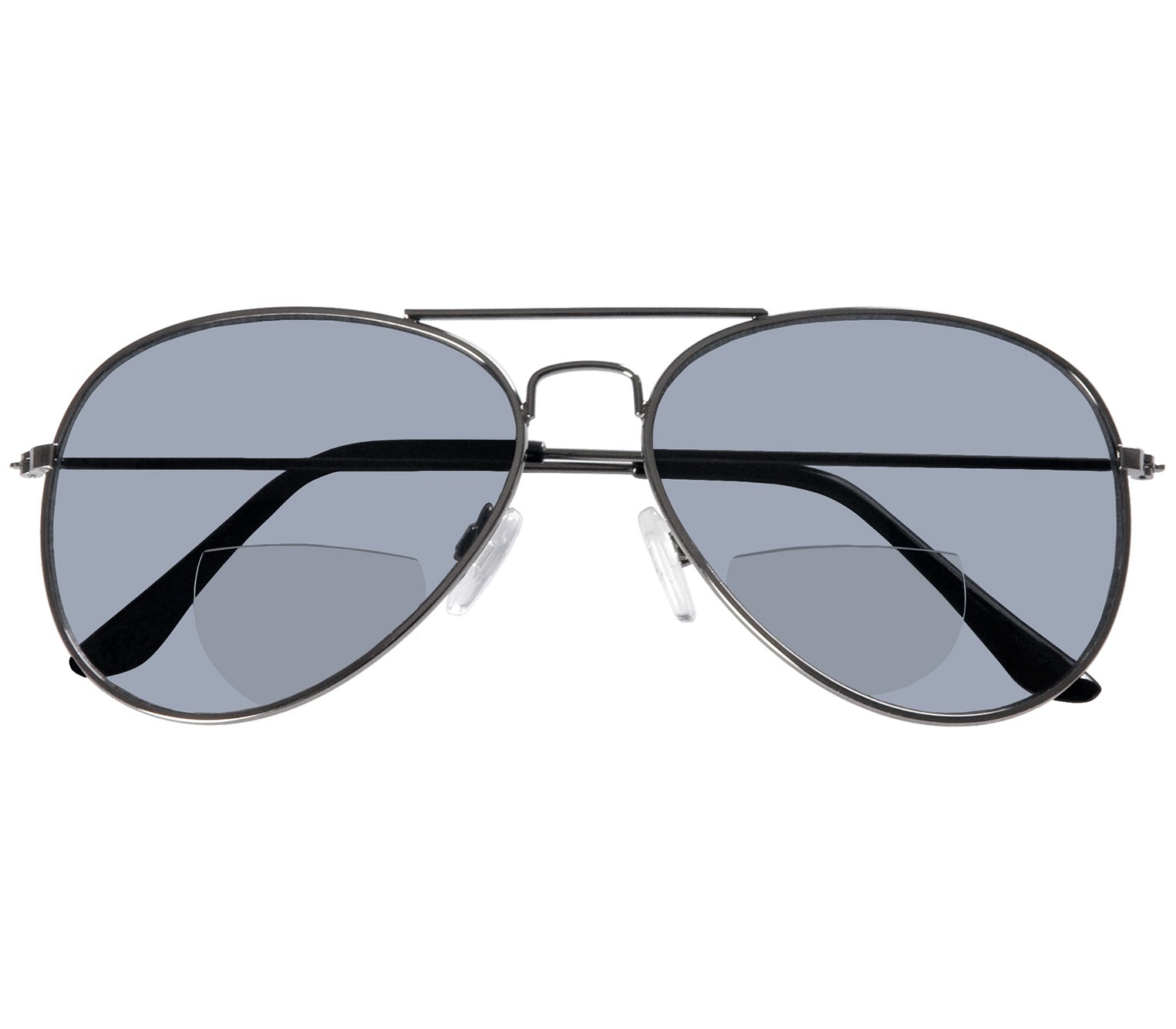 Bailey (Gunmetal) aviator style, unisex, bifocal reading sunglasses. Slim gunmetal frame and temples. Front view.