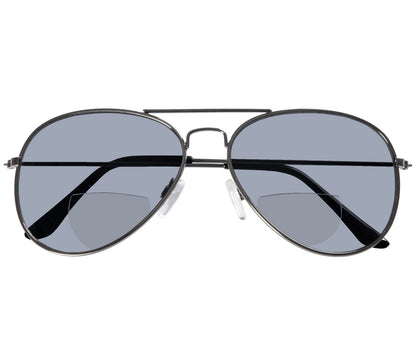 Bailey (Gunmetal) aviator style, unisex, bifocal reading sunglasses. Slim gunmetal frame and temples. Front view.