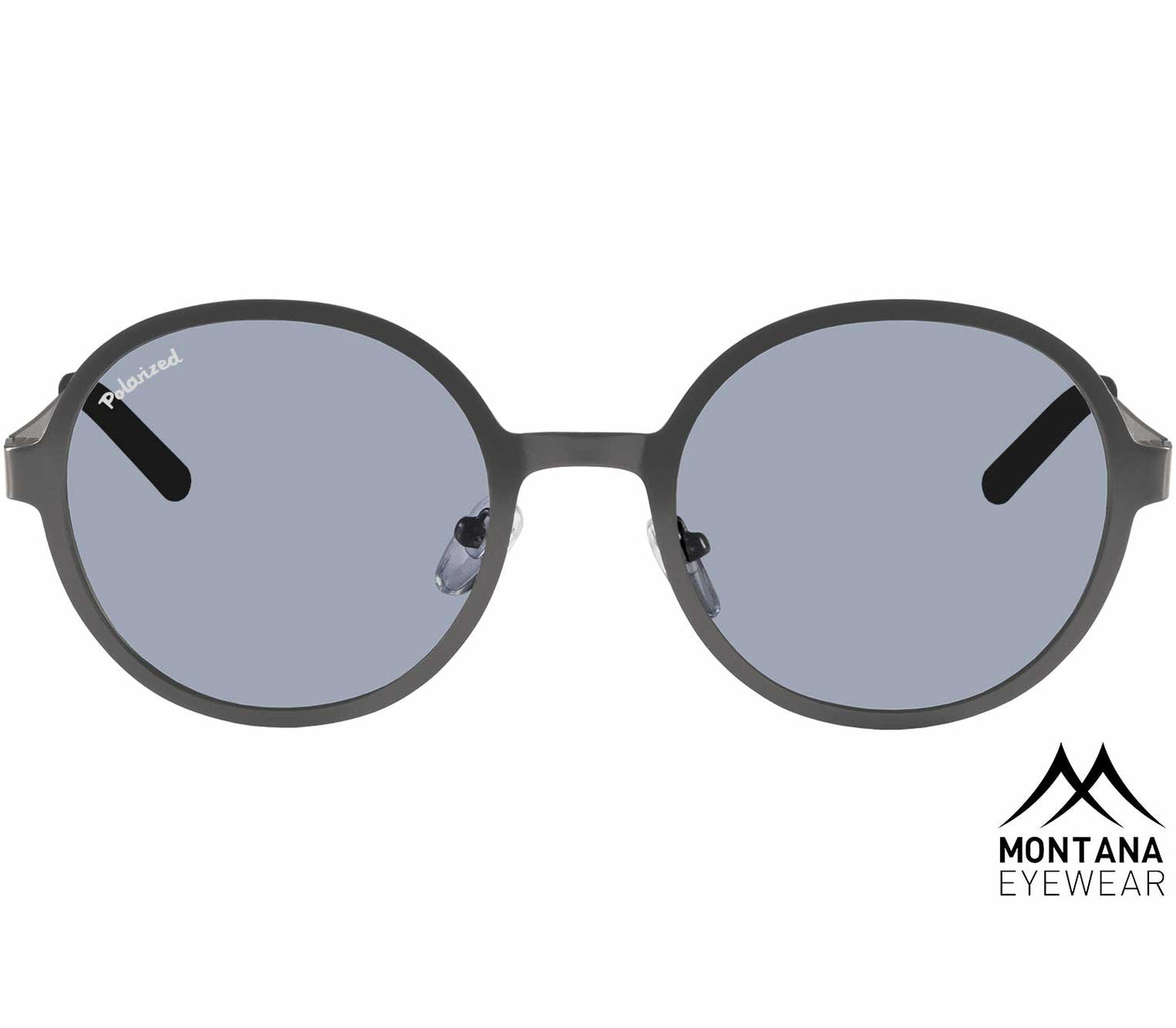 Pulsar (Gunmetal) circular frame gunmetal sunglasses with large smoke grey lenses. Front view.