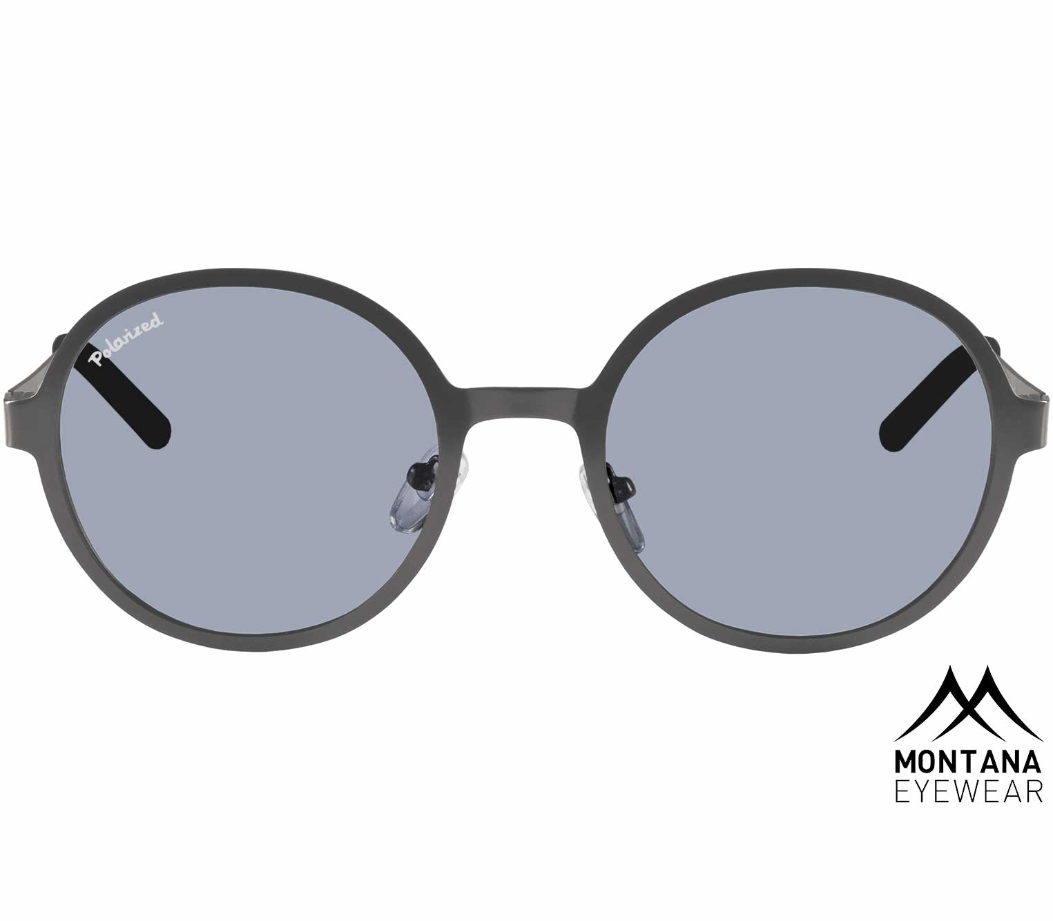 Pulsar (Gunmetal) circular frame gunmetal sunglasses with large smoke grey lenses. Front view.