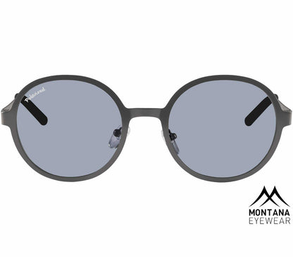Pulsar (Gunmetal) circular frame gunmetal sunglasses with large smoke grey lenses. Front view.