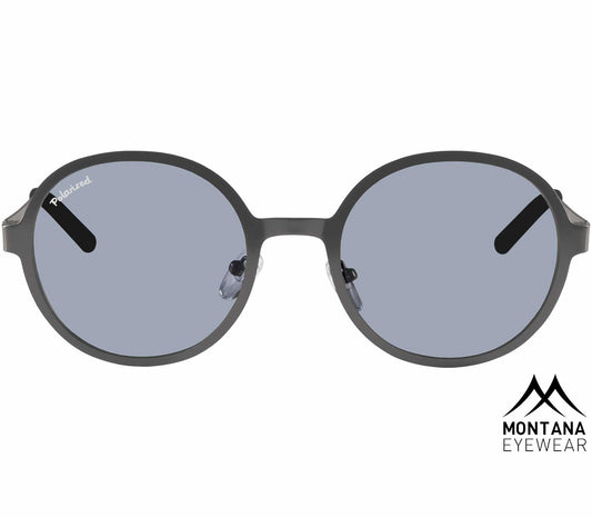Pulsar (Gunmetal) circular frame gunmetal sunglasses with large smoke grey lenses. Front view.